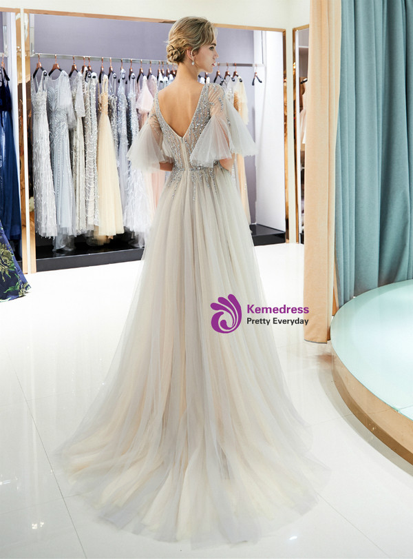 A-Line Gray Tulle V-neck Sequins Floor Length Prom Dress