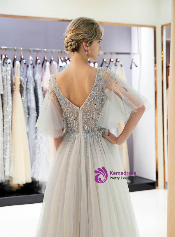 A-Line Gray Tulle V-neck Sequins Floor Length Prom Dress