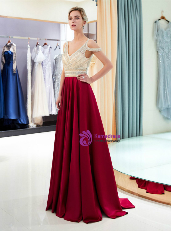 Burgundy Satin Cold Shoulder V-neck Backless Prom Dress With Beading
