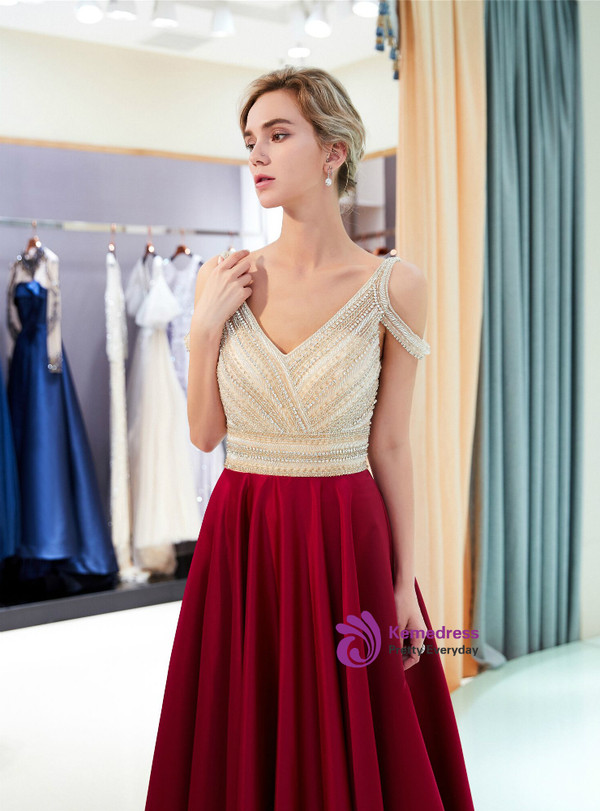 Burgundy Satin Cold Shoulder V-neck Backless Prom Dress With Beading