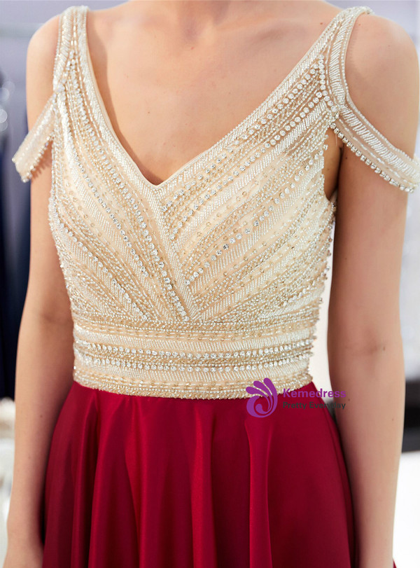 Burgundy Satin Cold Shoulder V-neck Backless Prom Dress With Beading