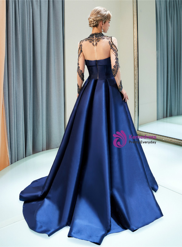 A-line Blue Satin High Neck Long Sleeve Prom Dress With Beading