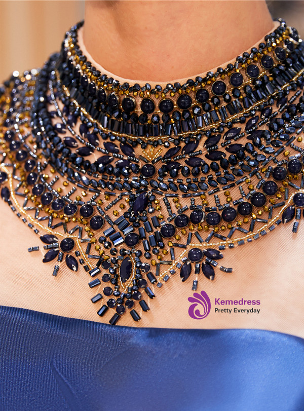 A-line Blue Satin High Neck Long Sleeve Prom Dress With Beading