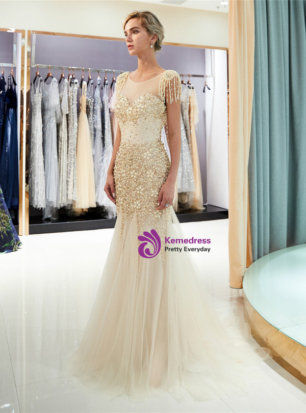 Champagne Meramid Tulle Cap Sleeve Backless With Beading Prom Dress