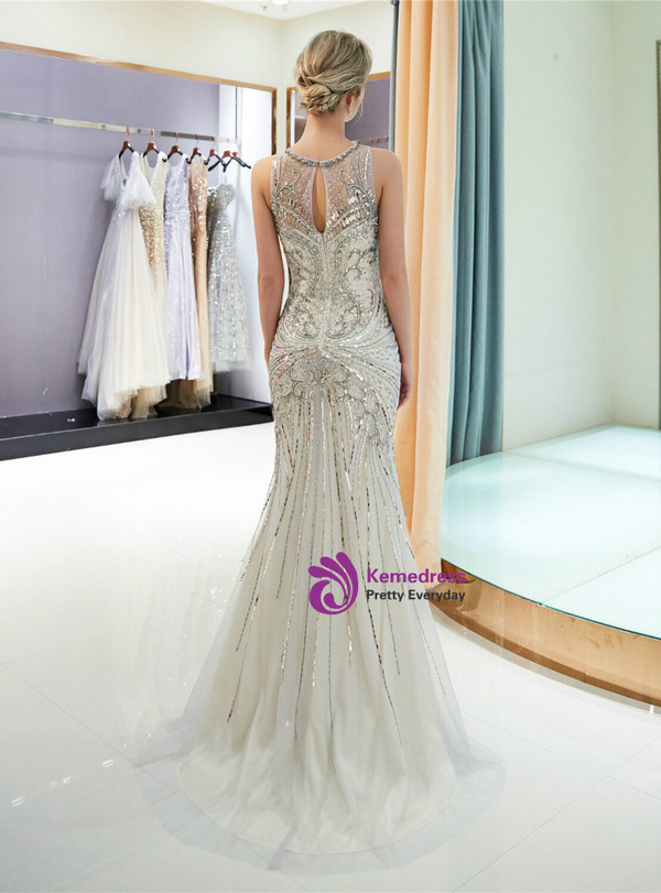 Gray Tulle Mermaid With Crystal Floor Length Prom Dress