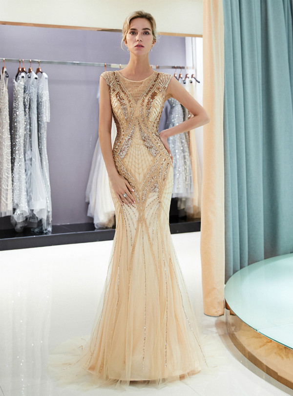 Champagne Tulle Mermaid Sequins Floor Length Prom Dress