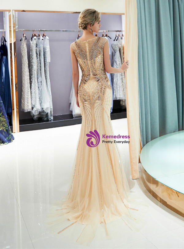 Champagne Tulle Mermaid Sequins Floor Length Prom Dress