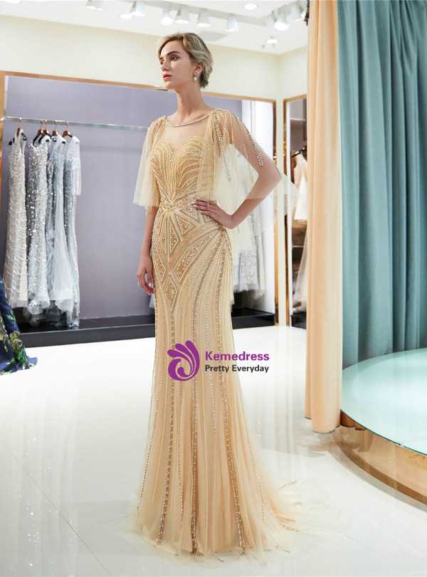 Champagne Tulle Mermaid Sequins Cap Sleeve Backless Prom Dress