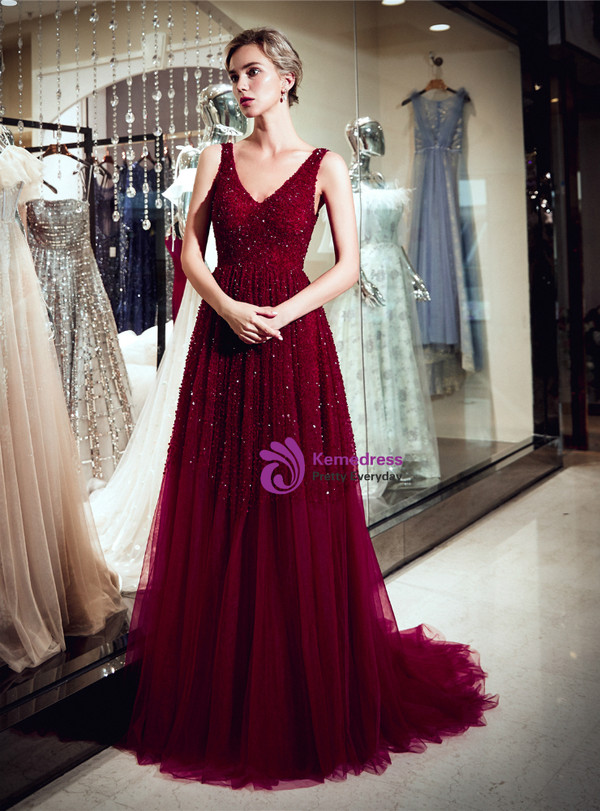 Burgundy Tulle Deep V-neck Backless Prom Dress With Beading