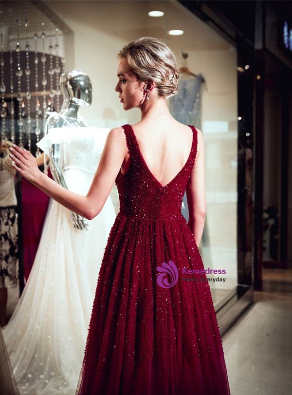 Burgundy Tulle Deep V-neck Backless Prom Dress With Beading