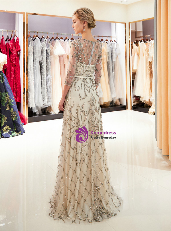 Light Champagne See Through Tulle Sequins 3/4 Sleeve Prom Dress