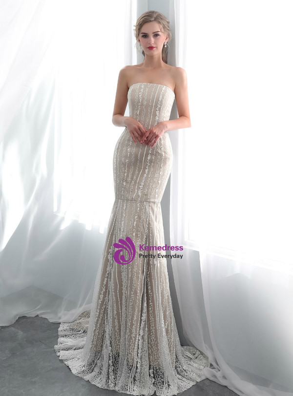 Dark Champagne Mermaid Strapless Appliques Prom Dress