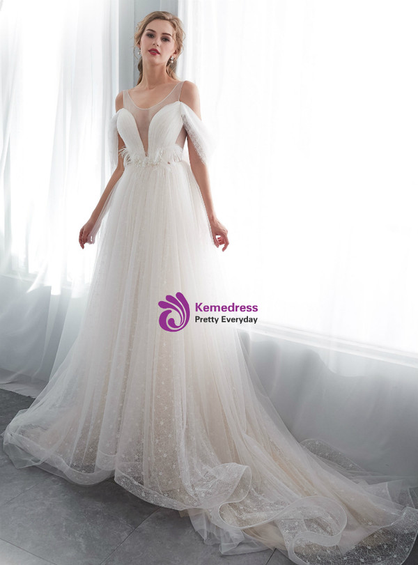 Simple Ivory Tulle Cold Shoulder Backless Fheather Wedding Dress
