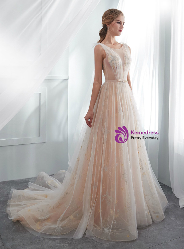 Champagne Tulle See Through Backless Print Wedding Dress