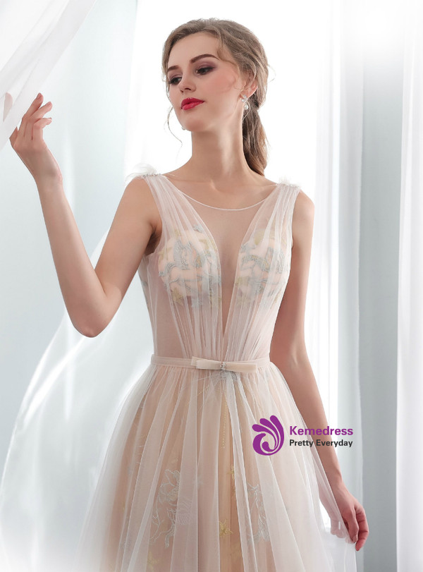 Champagne Tulle See Through Backless Print Wedding Dress