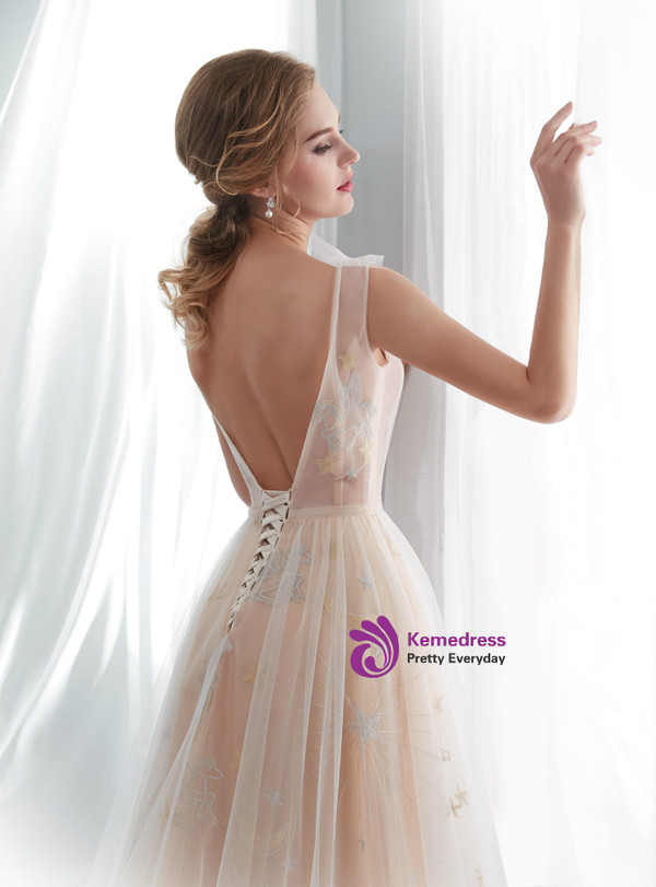Champagne Tulle See Through Backless Print Wedding Dress