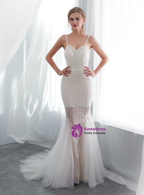 Ivory Tulle Mermaid Spaghetti Straps Wedding Dress With Beading
