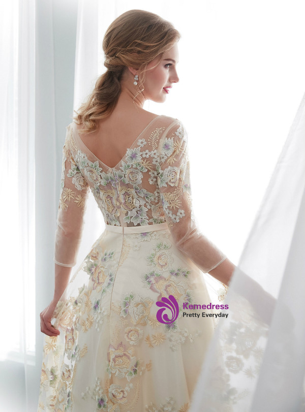 Simple Champagne Tulle 3/4 Sleeve Print Floor Length Wedding Dress