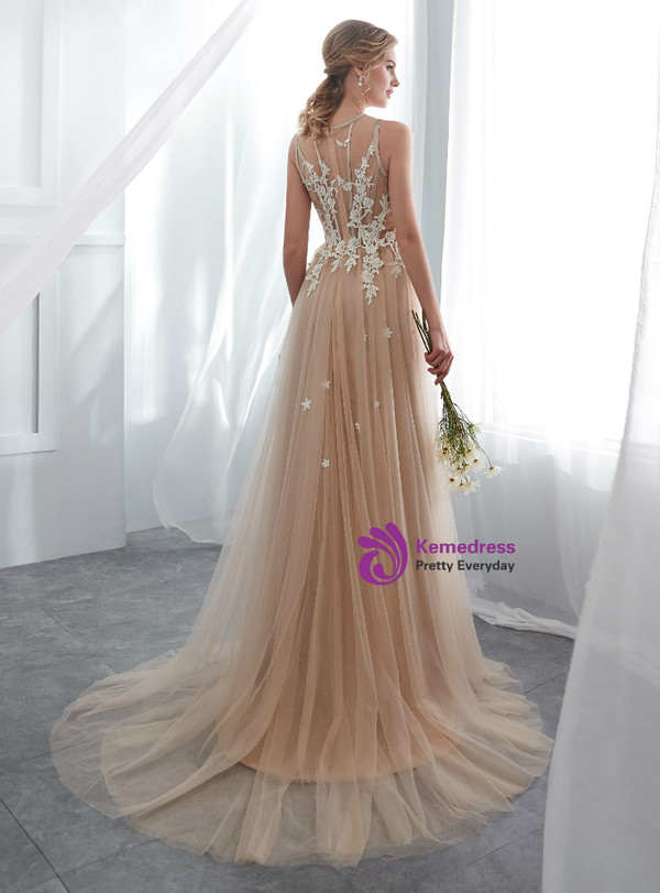 Cheap Champagne Tulle See Through Floor Length Wedding Dress