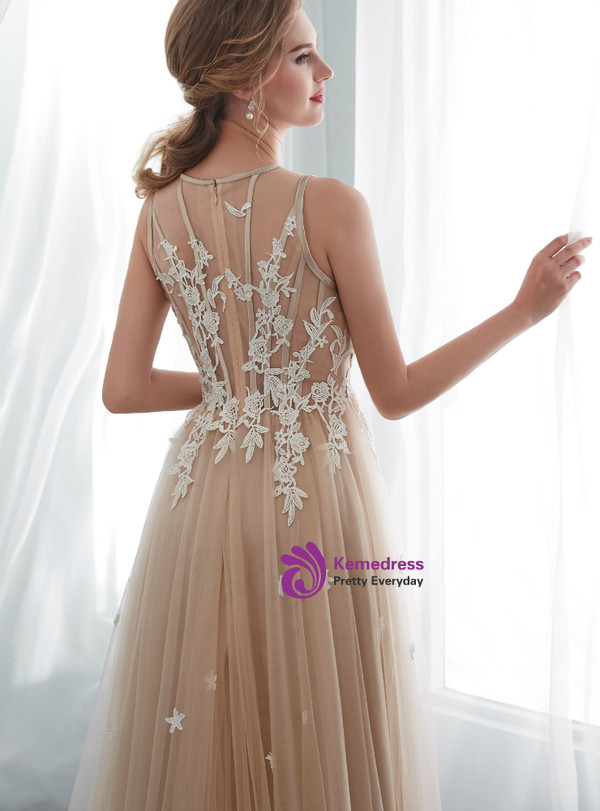 Cheap Champagne Tulle See Through Floor Length Wedding Dress