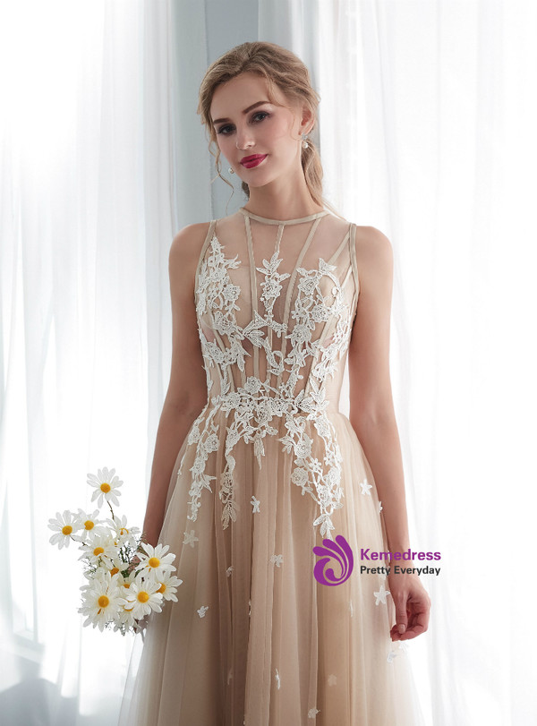 Cheap Champagne Tulle See Through Floor Length Wedding Dress
