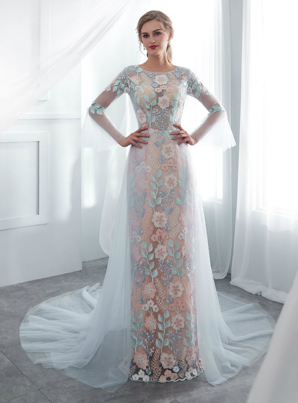 Blue Tulle Lace Mermaid Long Sleeve Appliques Wedding Dress