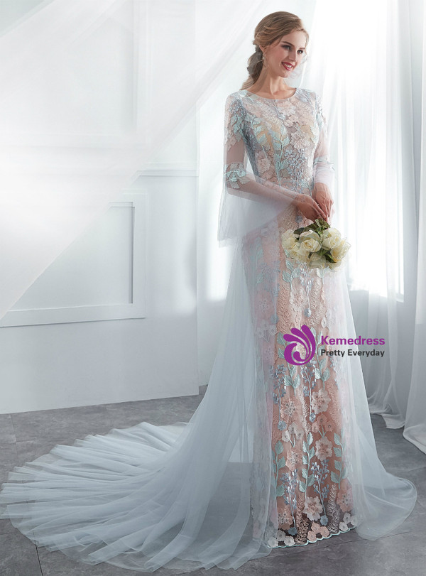 Blue Tulle Lace Mermaid Long Sleeve Appliques Wedding Dress