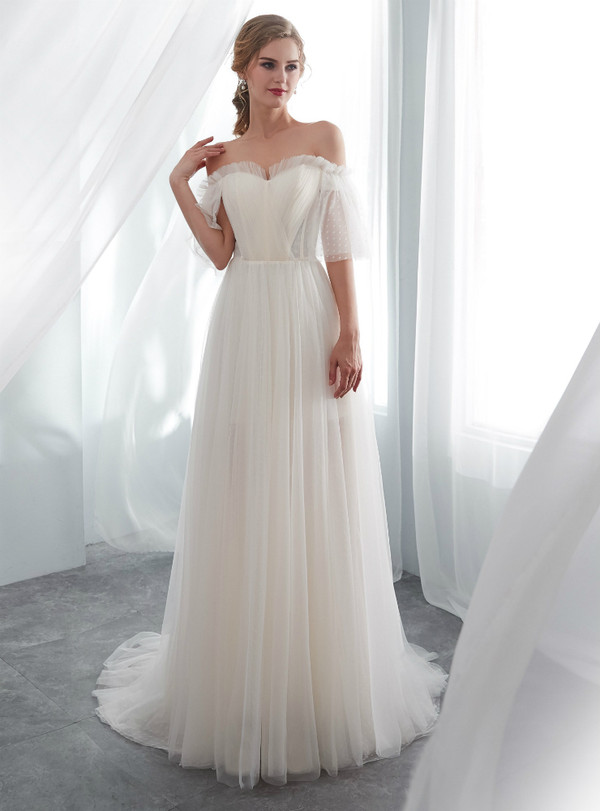 Light Champagne Tulle Off The Shoulder Floor Length Wedding Dress