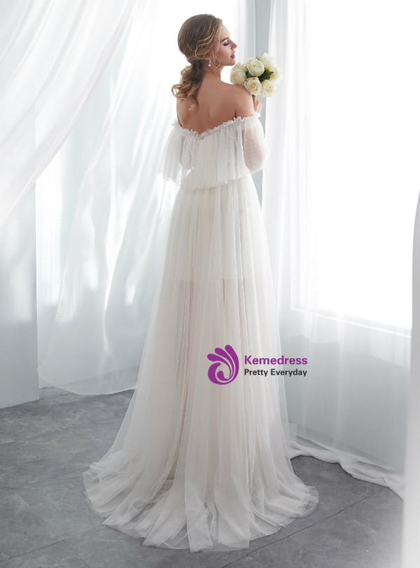 Light Champagne Tulle Off The Shoulder Floor Length Wedding Dress