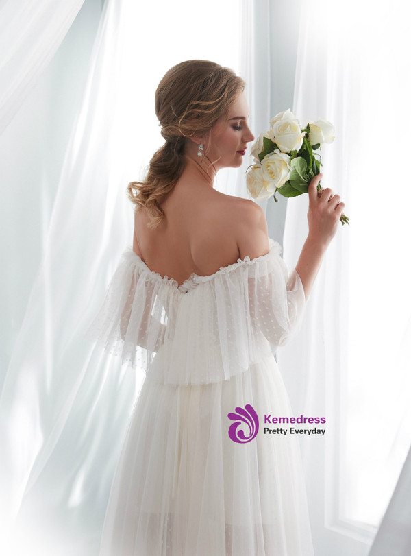 Light Champagne Tulle Off The Shoulder Floor Length Wedding Dress