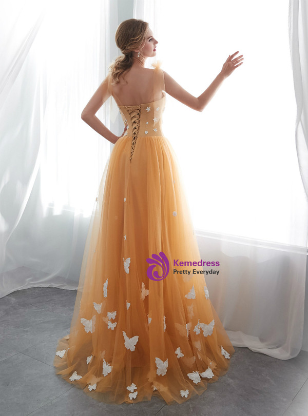 A-Line Orange Tulle Straps Backless Wedding Dress With Butterfly