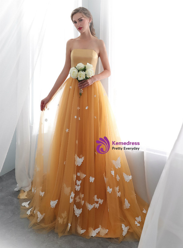 Orange Tulle Strapless Neck Floor Length Wedding Dress With Butterfly