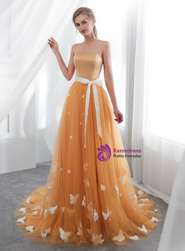 Orange Tulle Strapless Neck Floor Length Wedding Dress With Butterfly