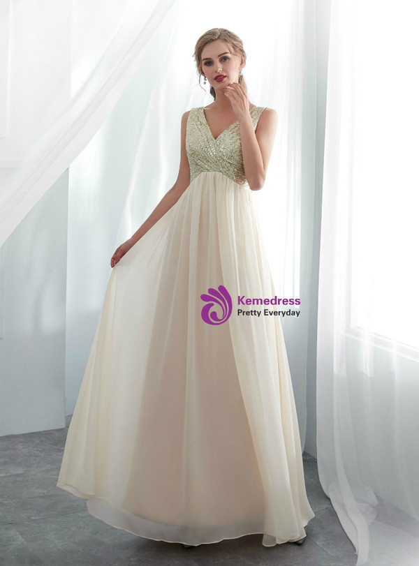 A-Line Champagne Chiffon Sequins V-neck Backless Prom Dress
