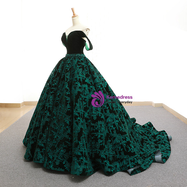 Vintage Green Lace Ball Gown Off The Shoulder Backless Wedding Dress