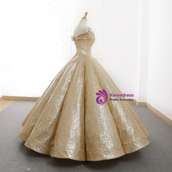 Gold Ball Gown Sequins Off The Shoulder Appliques Wedding Dress