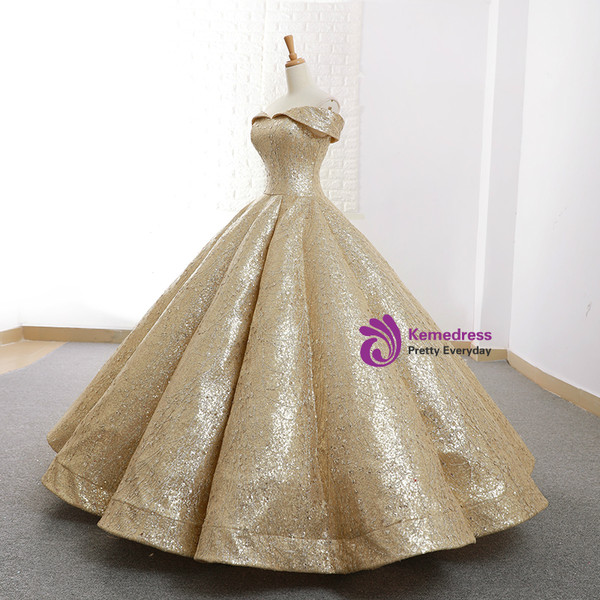 Gold Ball Gown Sequins Off The Shoulder Appliques Wedding Dress
