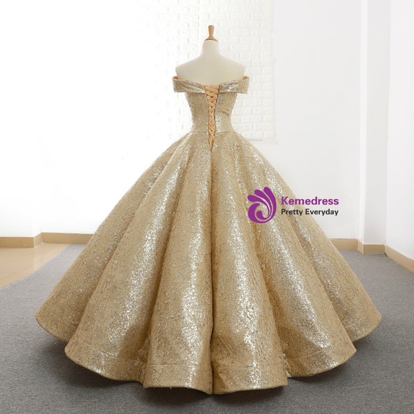 Gold Ball Gown Sequins Off The Shoulder Appliques Wedding Dress