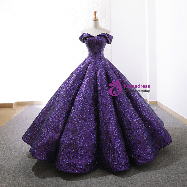 Gold Ball Gown Sequins Off The Shoulder Appliques Wedding Dress