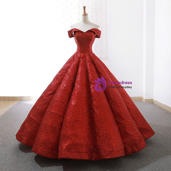 Gold Ball Gown Sequins Off The Shoulder Appliques Wedding Dress