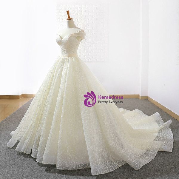 Light Champagne Tulle Off The Shoulder Train Wedding Dress