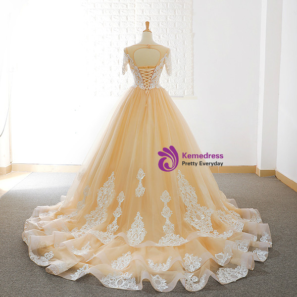 Champagne Tulle Lace Appliques Short Sleeve Backless Wedding Dress