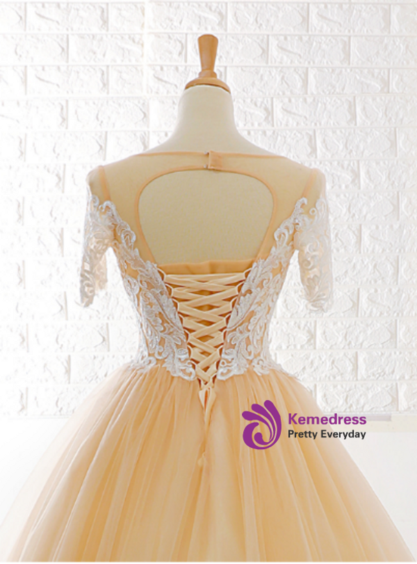 Champagne Tulle Lace Appliques Short Sleeve Backless Wedding Dress