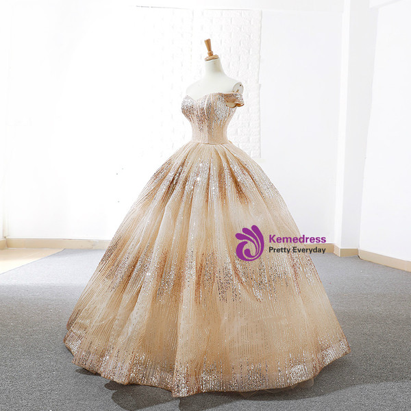 Gold Ball Gown Off The Shoulder Sequins Floor Length Wedding Dress