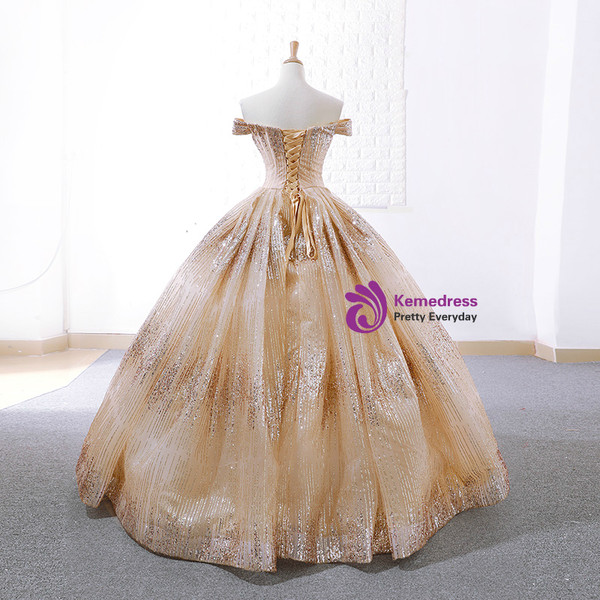Gold Ball Gown Off The Shoulder Sequins Floor Length Wedding Dress