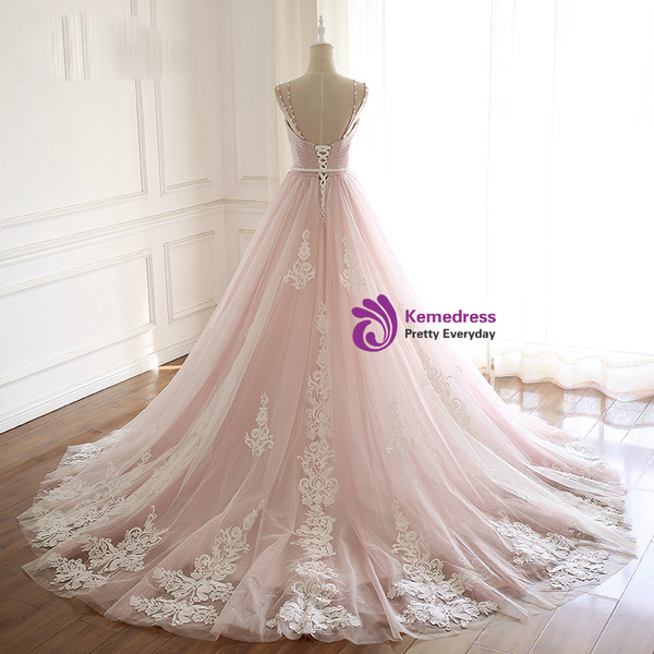 Pink Tulle Spaghetti Straps Backless Weddign Dress With Beading