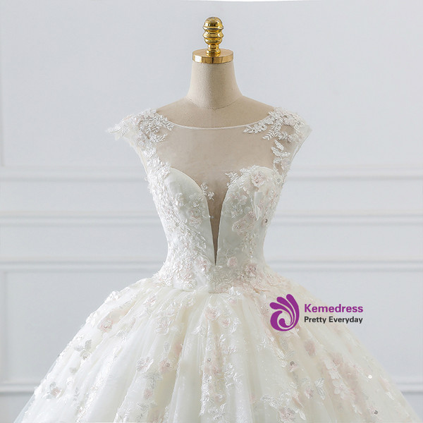 White Ball Gown Tulle Appliques Backless Cap Sleeve Wedding Dress