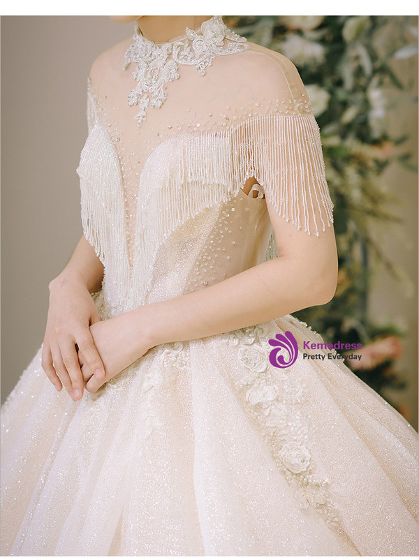 Chammpagne Ball Gown Tulle Sequins High Neck Backless Wedding Dress