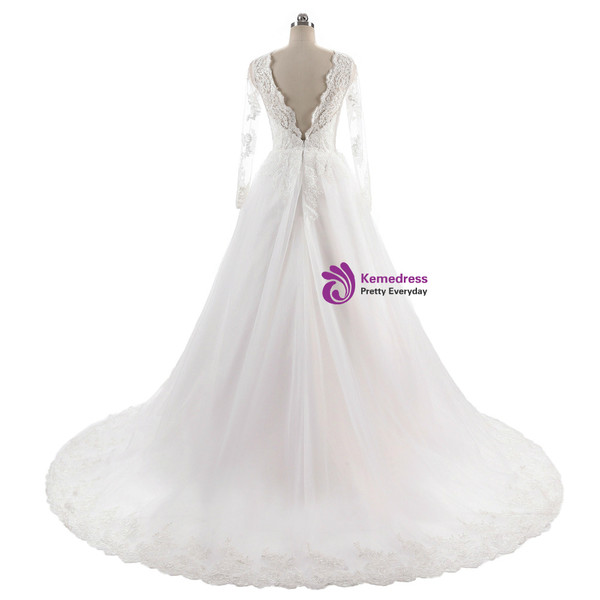 Long Sleeves V Neckline Backless Lace Appliques Wedding Gowns