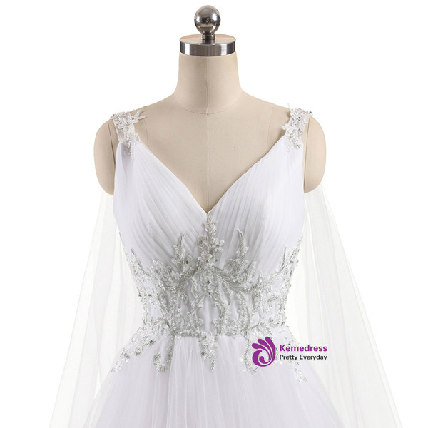 A-Line Sexy V Neck Custom Made Beaded Appliques Wedding Dress